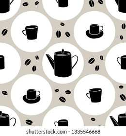 Vector seamless pattern with silhouette coffeepots, cups, coffee beans. Flat illustration. Elements for menu for restaurants and cafe, textile, wrapping