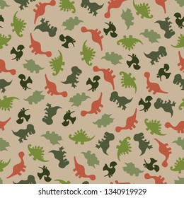 Vector of seamless pattern with silhouette of cute Dinosaurs. Figure of Tyrannosaurus Rex/ T-rex, Brontosaurus, Triceratops, Stegosaurus, Pterodactyls/ Pterosaurs. Element from Jurassic/ Prehistoric