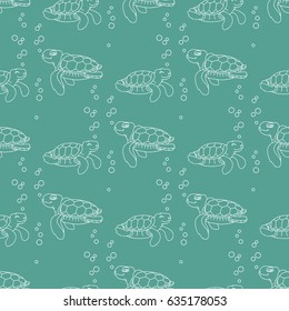 Vector seamless pattern. Silhouette cute cartoon sea Turtle. Line style Turtles on blue aquamarine background.