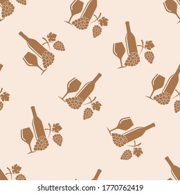 Vector seamless pattern of silhouette grapes and wine on a light brown background.
