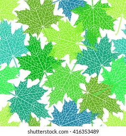 Vector seamless pattern of silhouette of a hand-drawn inversion maple leaf. Trace ink drawing of a tree leaf seamless texture in different shades of green. For seasonal, holiday design. Botanical.