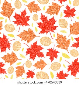 Vector seamless pattern of silhouette of a hand-drawn different autumn leaves. Trace ink drawing of a tree leaf seamless texture in different shades of red. For seasonal, holiday design. Botanical.