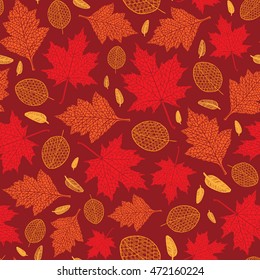 Vector seamless pattern of silhouette of a hand-drawn different autumn leaves. Trace ink drawing of a tree leaf seamless texture in different shades of red. For seasonal, holiday design. Botanical.