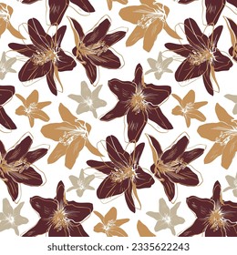 Vector seamless pattern with silhouette and outline lily flowers classical style on white background