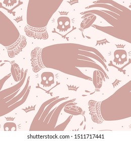 vector seamless pattern with silhouette skulls and female hands holding little bottles of poison