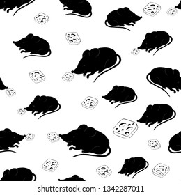 vector seamless pattern with silhouette of a small mouse and a piece of cheese, ready to print on packaging, on gifts, on fabric, on covers, on paper, for creating backgrounds, cards, posters, sticker