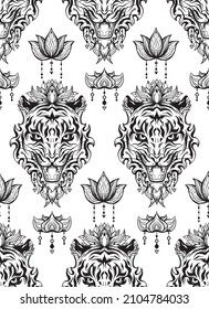 Vector seamless pattern with silhouette of a tiger head with a floral ornament. Texture with black contour of roar formidable predator with lotus and feather. Tracery symbol of the eastern new year.