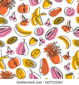 Vector seamless pattern with silhouette tropical fruits and lines on white background. Summer modern texture. Kitchen textile design, vegan shop package, children wallpaper, notebook covers, poster.