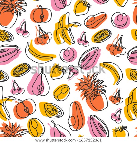 Vector seamless pattern with silhouette tropical fruits and lines on white background. Summer modern texture. Kitchen textile design, vegan shop package, children wallpaper, notebook covers, poster.