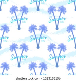 Vector seamless pattern with silhouette of two palms and text Summer Time isolated on the white background. Wavy brush strokes.