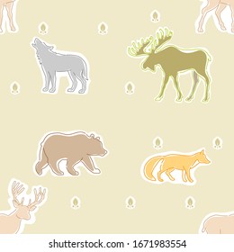 Vector seamless pattern silhouette of wild animals Elk, Deer, Bear, Wolf, Fox, Hare. Background wallpaper for printing on paper, textile, design.
