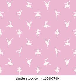 Vector seamless pattern with silhouettes of ballet dancers in white and pink colors 