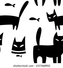 Vector seamless pattern of silhouettes of black cats in a minimalistic Scandinavian cartoon style. There is a silhouette of minimalistic evil cat and fish.