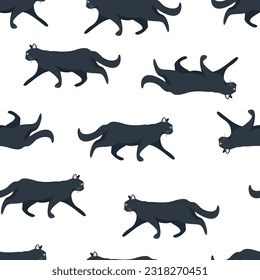 Vector seamless pattern with silhouettes of black cats on a white background. Vector black and white texture with animals