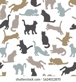 Vector seamless pattern with silhouettes of cats on a white background: cat eats, sleeps, sits, washes, jumps, plays. For design of covers, books, packaging, print on wallpaper, textiles