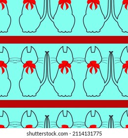 Vector seamless pattern. Silhouettes of cats with red bows and wide red stripes on a blue isolated background. 