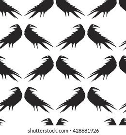 Vector seamless pattern with silhouettes of  crow.  hand-drawn pattern.  Seamless pattern can be used for wallpaper, pattern fills, web page background, surface textures. black silhouette on white