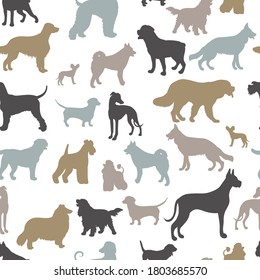 Vector seamless pattern with silhouettes of dogs of different breeds on a white background. For cover design, packaging, textile printing