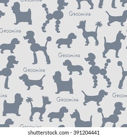 Vector seamless pattern with silhouettes of dogs on gray color. Pattern on the theme of grooming and fashion. Background for use in design, packing, web site, fabric