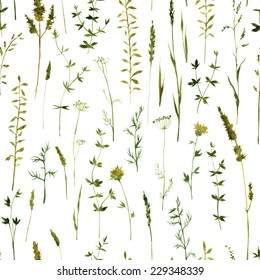 Vector seamless pattern with silhouettes of flowers and grass, drawing by watercolor, hand drawn floral illustration, herbal ornament