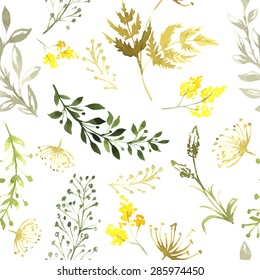 Vector seamless pattern with silhouettes of flowers and grass, drawing by watercolor