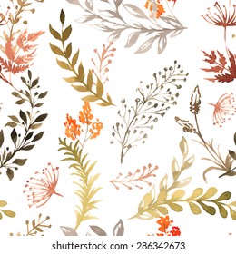 Vector seamless pattern with silhouettes of flowers and grass, drawing by watercolor