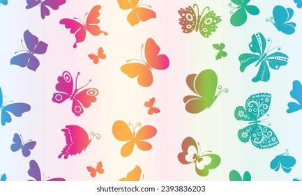 Vector seamless pattern with silhouettes of flying colorful butterflies of various shapes. Gradient.White background