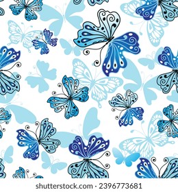 Vector seamless pattern with silhouettes of flying blue gradient butterflies on a transparent background	

