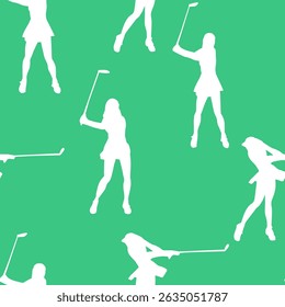 Vector seamless pattern with silhouettes of girls golf players on a green background, for designing your prints on fabrics, covers, packaging and designs in the style of sports and leisure