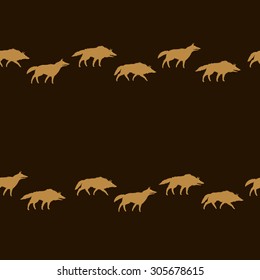 vector seamless pattern with silhouettes of gold wolves on dark-brown background