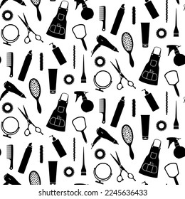 Patrón vectorial sin fisuras de siluetas de accesorios de peluquería. Secador de pelo, tijeras, cursores, tubos, peines, pinceles de color, delantal, pulverizador, espejos y bandas de pelo.