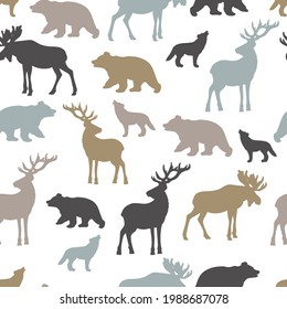 Vector seamless pattern with silhouettes of large forest animals: deer, elk, bear, wolf on a white background