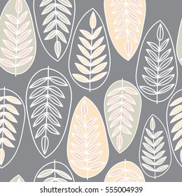 Vector seamless pattern with silhouettes of leaves. Pattern of leaves Scandinavian style on a dark background