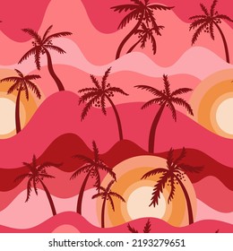 Vector seamless pattern with silhouettes of palm trees on the background of the setting sun. Tropical background with sea, silhouettes of palm trees. Ppink, red, yellow colors. Hand-drawn