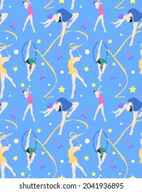 Vector seamless pattern with silhouettes of rhythmic gymnasts doing performance with ribbons, ball and hoop.