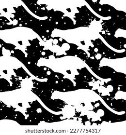 Vector seamless pattern: silhouettes of running cheetahs and chaotic blots, drops, splashes. White on black. Creative design for textile, fabrickm wallpaper, wrapping paper.
