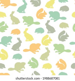 Vector seamless pattern with silhouettes of small forest animals: hare, hedgehog, squirrel, beaver