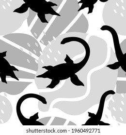 Vector seamless pattern silhouettes of swimming dinosaurs. Loch Ness monster, monster living in the water, aquatic reptiles. Monochrome design for printing on textiles, packaging, paper, wallpaper. 