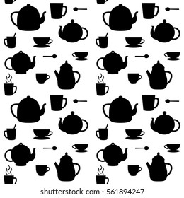 Vector seamless pattern with silhouettes of tea pots and cups