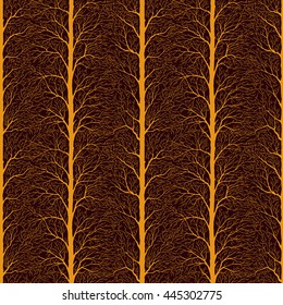 Vector seamless pattern with silhouettes of trees , hand-drawn pattern, forest background.  pattern can be used for wallpaper, pattern fills, web page background,surface textures. yellow on brown