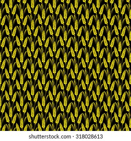 Vector seamless pattern with silhouettes of wheat ears. Whole grain, natural, organic background for bakery package, bread products. Vector illustration of growing rye field. Barley, corn texture.