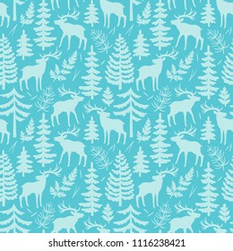 Vector seamless pattern with silhouttes of deer, trees and branches. Winter repeated texture with elegant animals and floral elements. Blue background with moose.