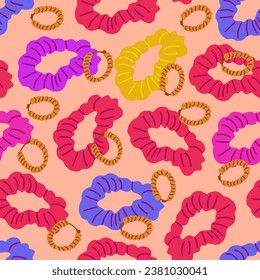 Vector seamless pattern with silk scrunchy and golden earrings on pink beige background.