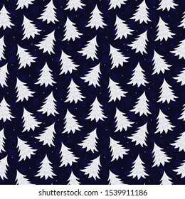 Vector seamless pattern with silver christmas trees on dark blue background; Christmas design for greeting card, gift box, wallpaper, fabric, textile, package, web desig.