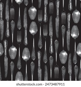 vector seamless pattern with silver cutlery fork spoon and knife in vintage style on black background. Suitable for vintage Wallpaper, wrapping paper, fabric