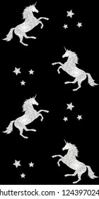 Vector seamless pattern of silver glitter silhouette unicorn isolated on black 