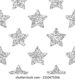 Vector seamless pattern with silver glitter stars on white background.