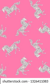 Vector seamless pattern of silver holographic glitter unicorn silhouette isolated on pink background