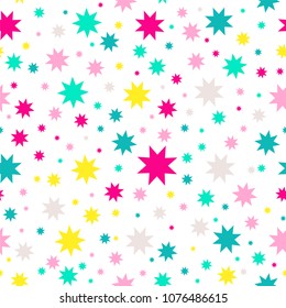 Vector seamless pattern. Simple Abstract design. Little cute geometric stars in punch pastel, festive children's colors. Perfect for fabric, greeting cards, kids room