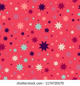 Vector seamless pattern. Simple Abstract design. Little cute geometric stars in blue, red, pink cute colors. Perfect for fabric, greeting cards, kids room